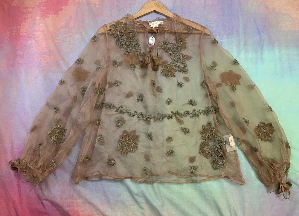 Let Me Be Anthropologie Tamara Silk Peasant Top Beaded Embroidered Sz M Boho Tan